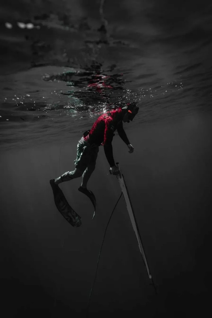 Dark moody spearo descending with speargun.